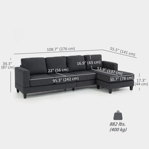 L-shaped sofa with chaise longue and spring cushion for living room or bedroom, anthracite grey