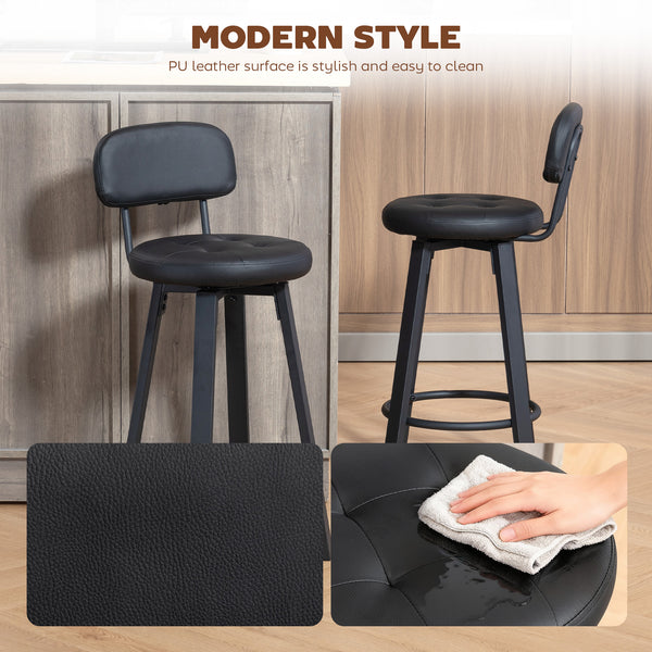 Set of 2 upholstered bar stools with footrest and backrest for kitchen counter, black