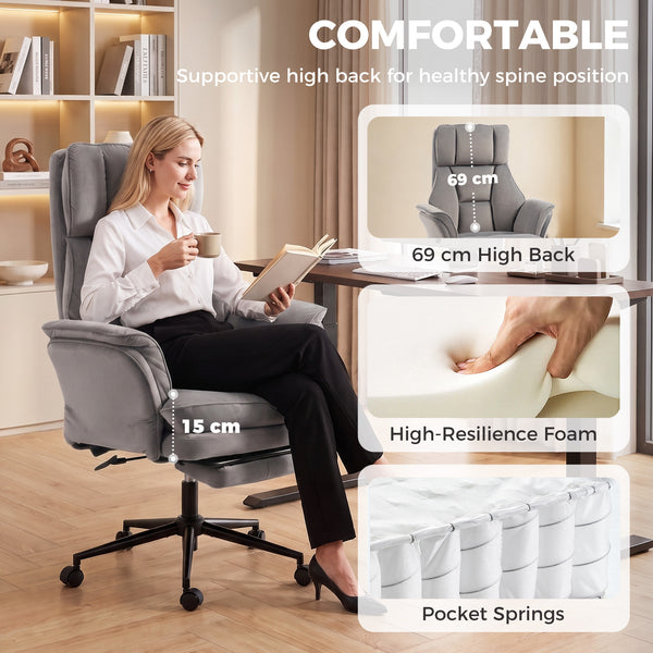 Ergonomic office chair with footrest, flip-up armrests, and 135° reclining backrest, gray