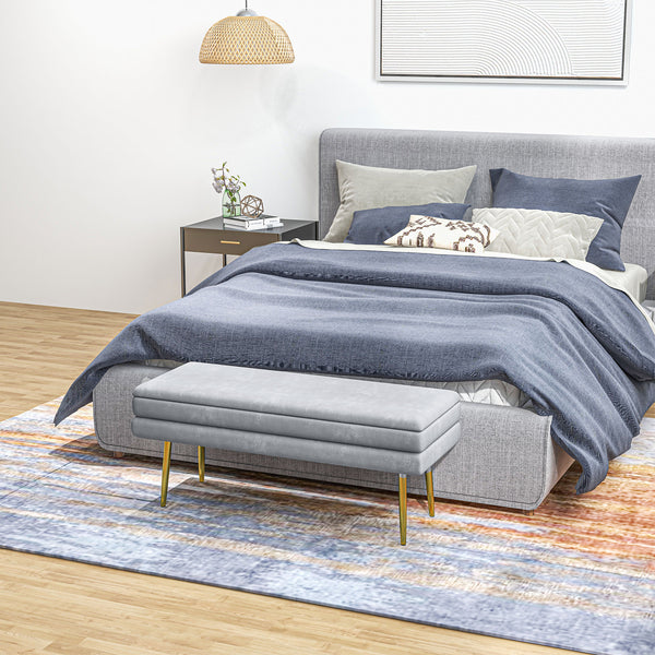 Velvet storage ottoman with steel legs, gray