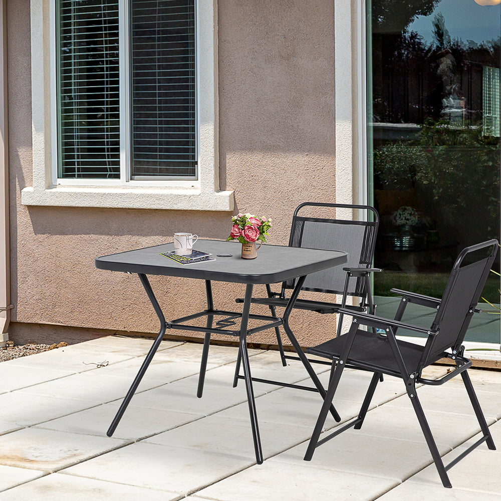 Square outdoor table with faux marble top and umbrella hole, dark gray