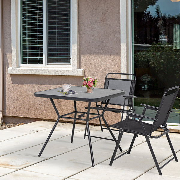 Square outdoor table with faux marble top and umbrella hole, dark gray