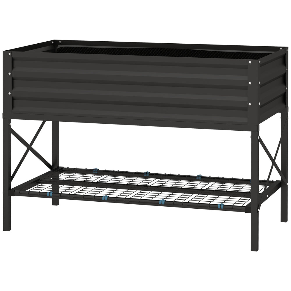 Galvanized raised planter with liner and storage shelf