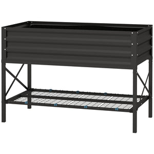 Galvanized raised planter with liner and storage shelf