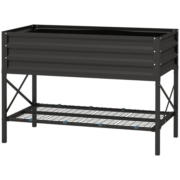 Galvanized raised planter with liner and storage shelf