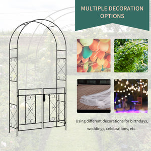 Metal garden arch with gate, trellis for climbing plants, black