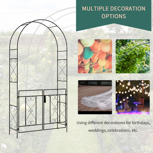 Metal garden arch with gate, trellis for climbing plants, black