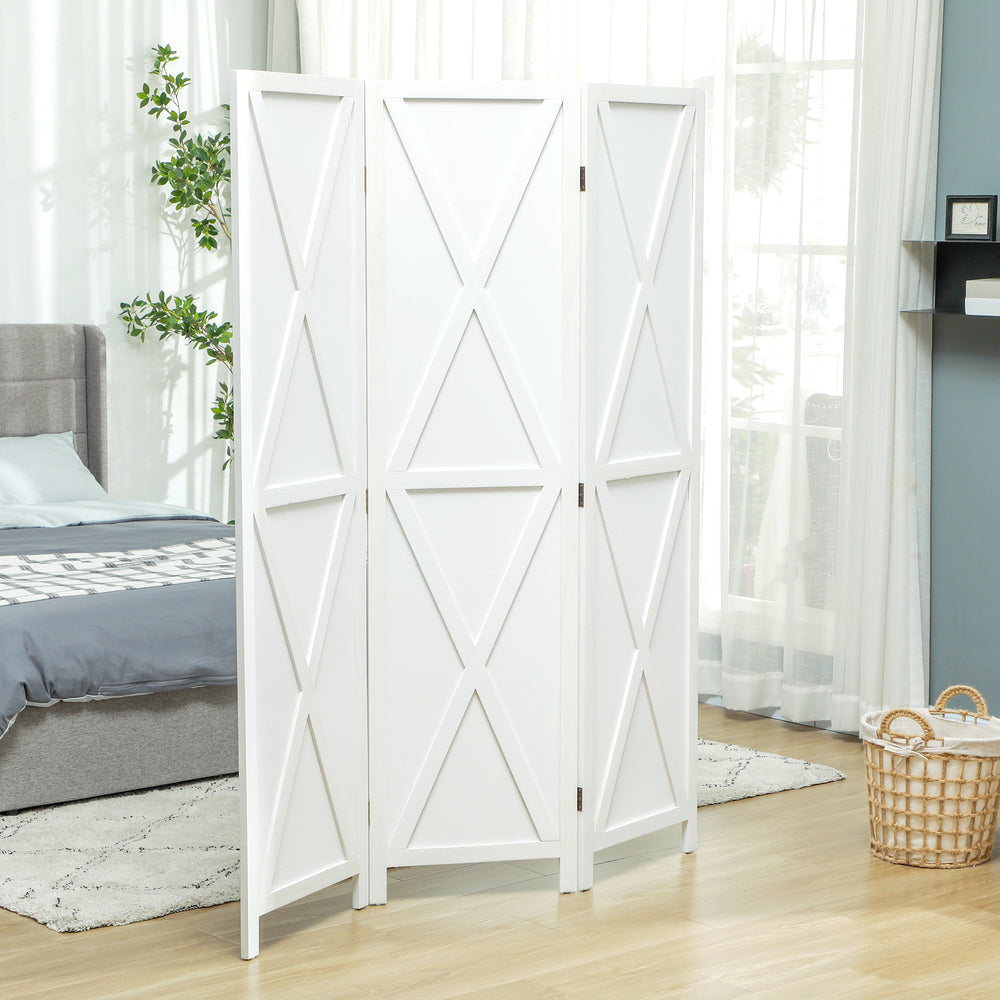 3-Panel Country Style Room Divider with Folding Wooden Frame, White