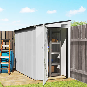 Lean-to metal garden shed with lockable door and ventilation, white