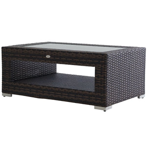 2-Tier Rattan Patio Coffee Table Outdoor Side Table PE Wicker Patio Garden Tea End Desk with Tempered Glass Top & Storage for Balcony, Backyard, Poolside