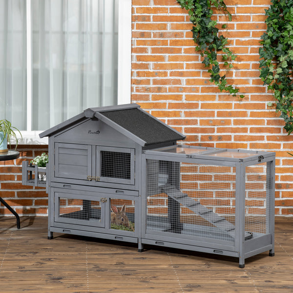 Wooden hutch with opening roof and storage box, dark grey