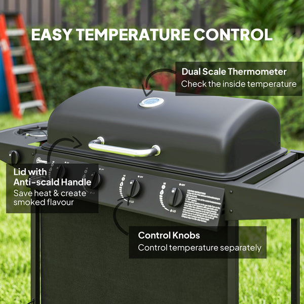 4-burner propane gas barbecue with side burner, thermometer, black