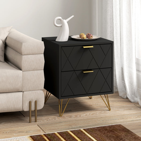 Modern bedside table with 2 drawers for bedroom, black