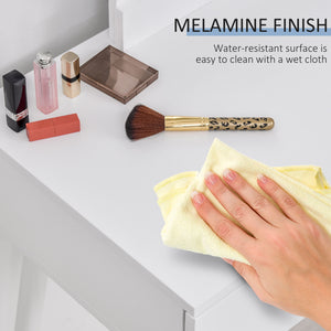 Dressing table with round mirror and 2 drawers, padded stool, white 