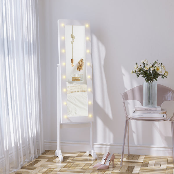 Freestanding jewelry cabinet with illuminated mirror, adjustable angle and 16 LEDs, warm white