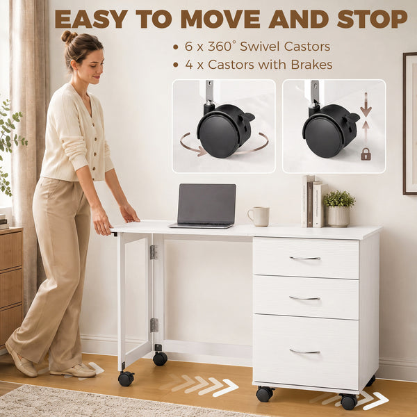Folding desk with 3 drawers and castors, white