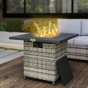 28" Propane Gas Fire Pit Table with 40,000 BTU Rattan Rain Cover, Mesh Lid, Lava Rock, Grey Blend