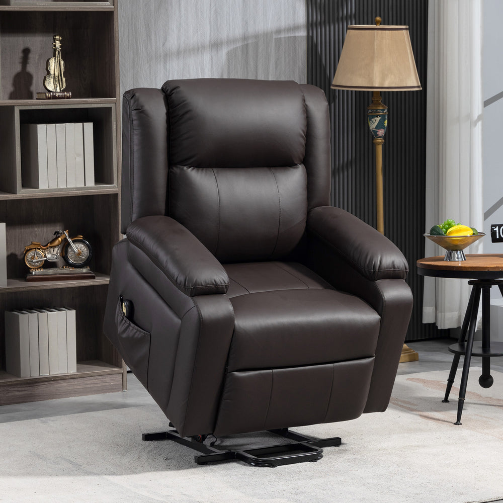 Electric lift chair in synthetic leather with remote control and side pockets, brown