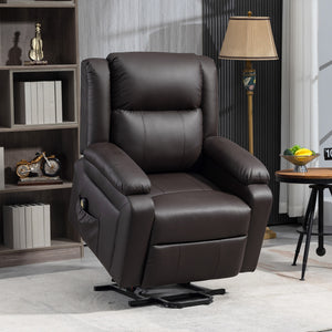 Electric lift chair in synthetic leather with remote control and side pockets, brown