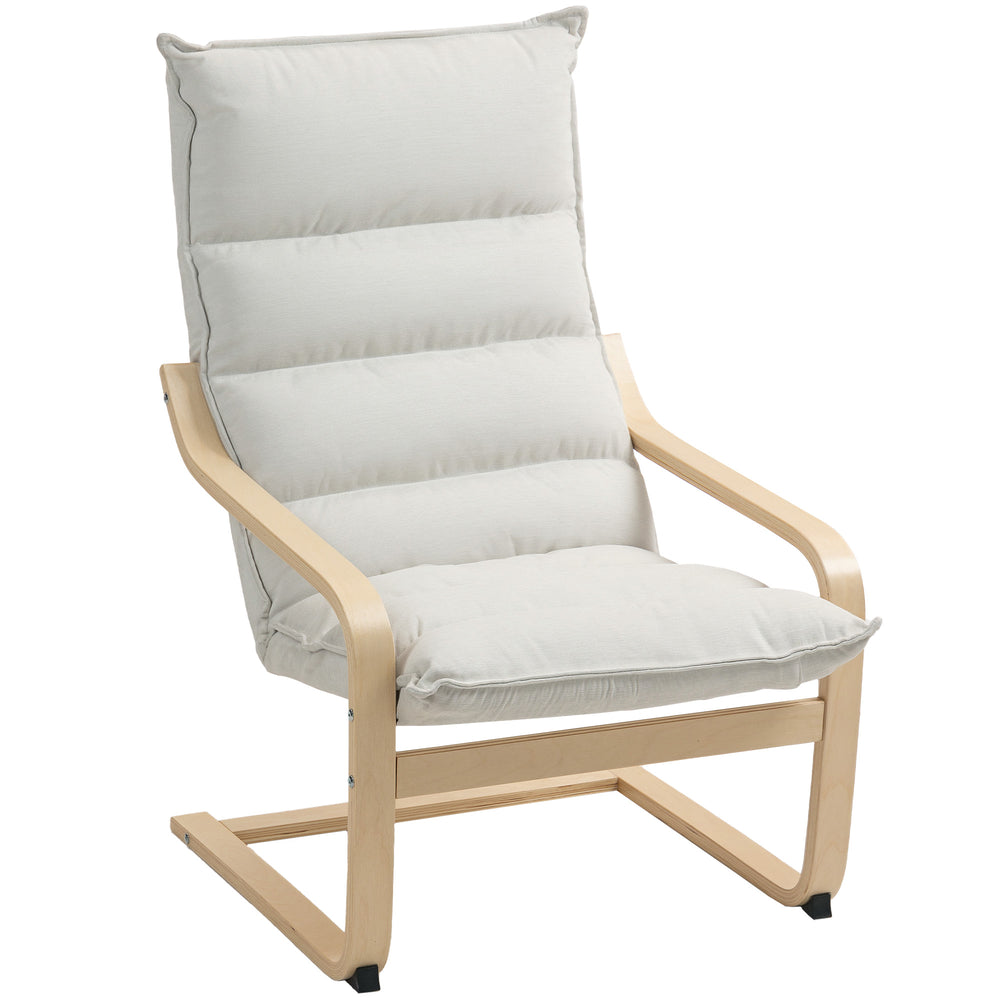 Fabric and birch wood accent chair with curved legs and armrests, cream white