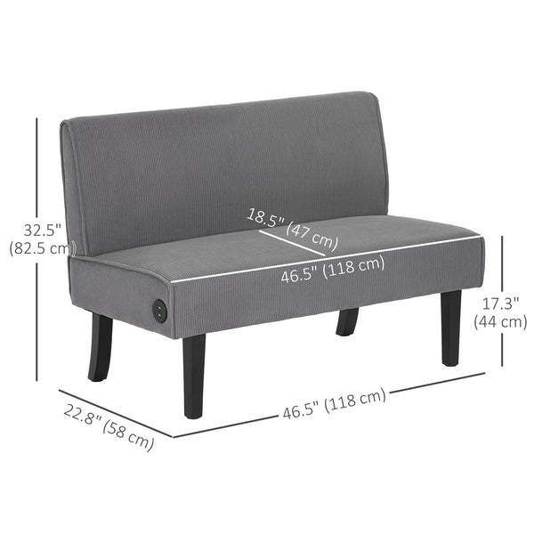 2 Seater Corduroy Sofa with USB Ports and Wooden Legs, Grey