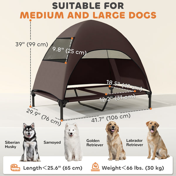Raised Dog Bed with Canopy, Steel Frame, and Washable Mesh, Coffee Color