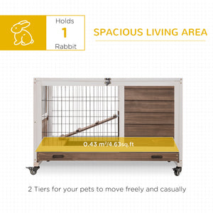 Wooden hutch with enclosed run and wheels, brown