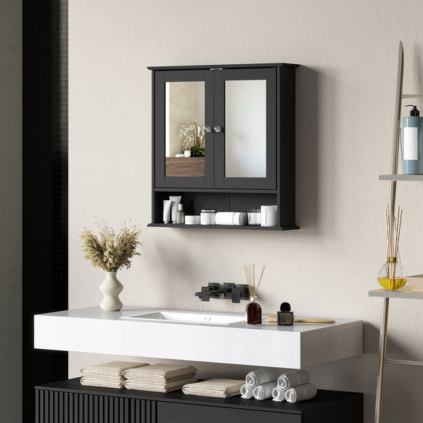 Wall-mounted medicine cabinet with double doors, open shelf and adjustable shelf, black