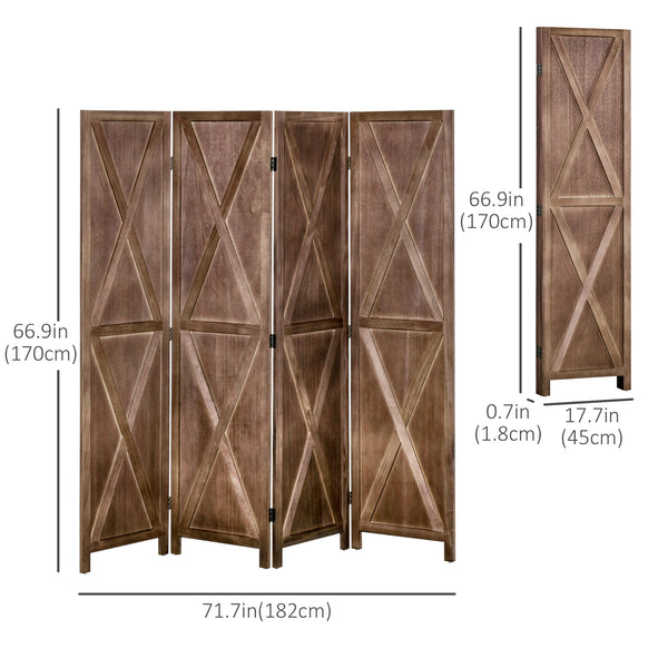 4-panel country style room divider with folding wooden frame, walnut