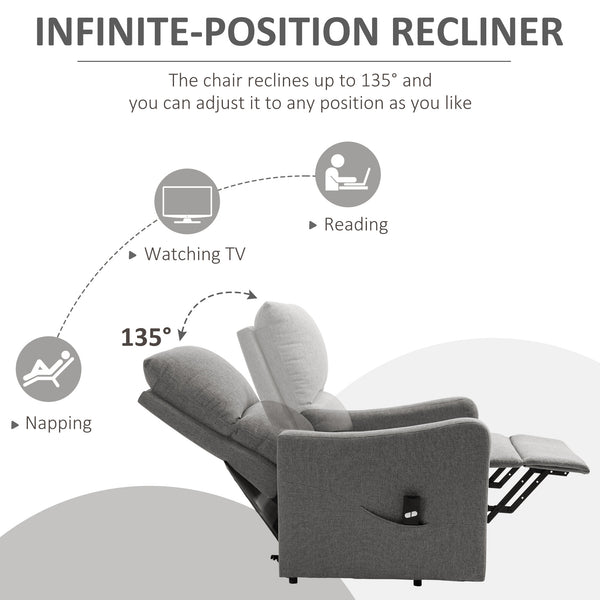 Electric Lift-Up Fabric Recliner Chair with Remote Control and Side Pocket, Grey