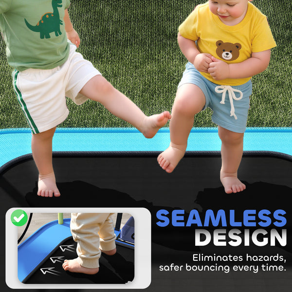 Trampoline with slide, swing, basketball hoop and safety net, light blue 