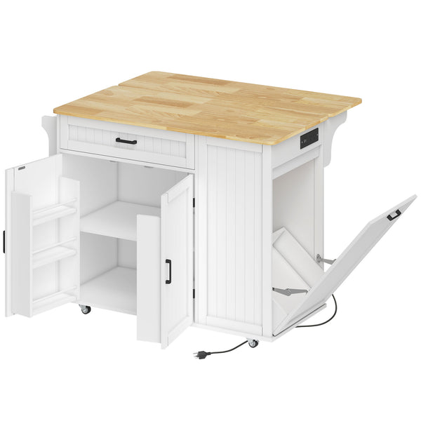 Portable kitchen island with charging station, fold-down rubberwood tabletop, waste storage, white