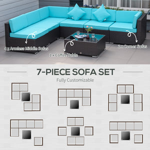 7 Piece Wicker Patio Sofa Set, Sectional Garden Furniture, Dark Coffee and Light Blue