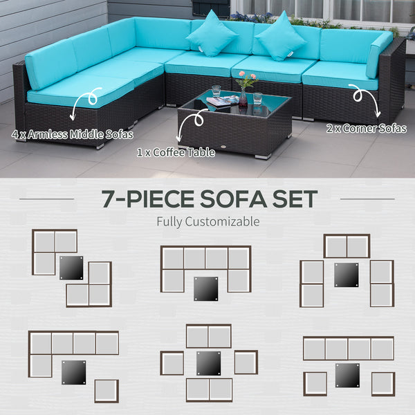 7 Piece Wicker Patio Sofa Set, Sectional Garden Furniture, Dark Coffee and Light Blue