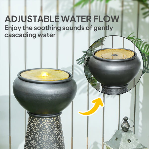 Outdoor Fountain with LED Lights, Adjustable Flow Garden Waterfall with Cutout Floral Base, Dark Gray and Yellow