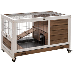 Wooden hutch with enclosed run and wheels, brown