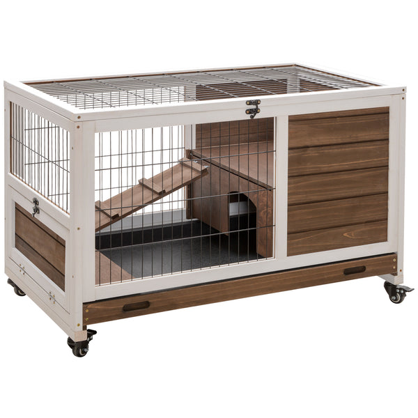Wooden hutch with enclosed run and wheels, brown