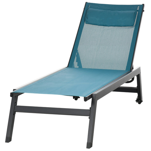 Outdoor Lounge Chair, 5-Position Tanning Chair with Wheels, Headrest, Aluminum Frame for Poolside, Beach, Blue