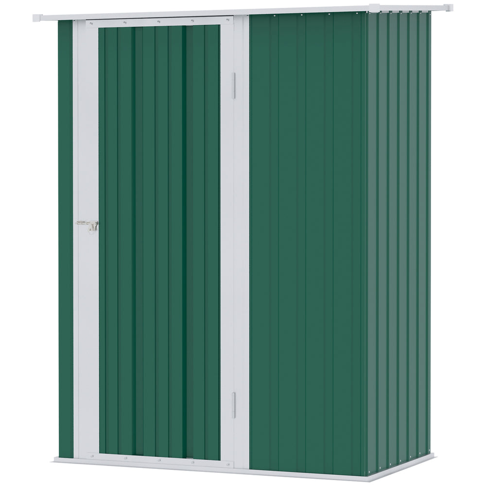 Metal garden shed with sloping roof and lockable door for tools, green