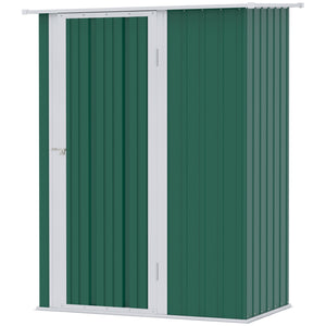 Metal garden shed with sloping roof and lockable door for tools, green