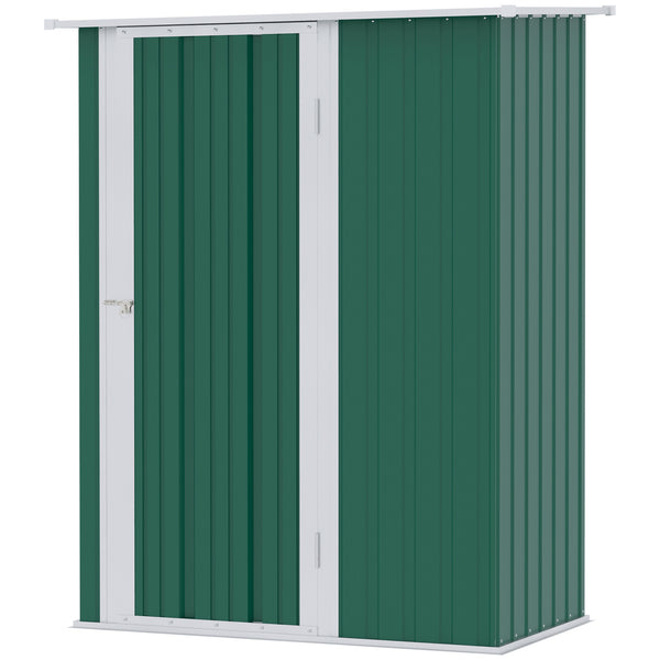 Metal garden shed with sloping roof and lockable door for tools, green