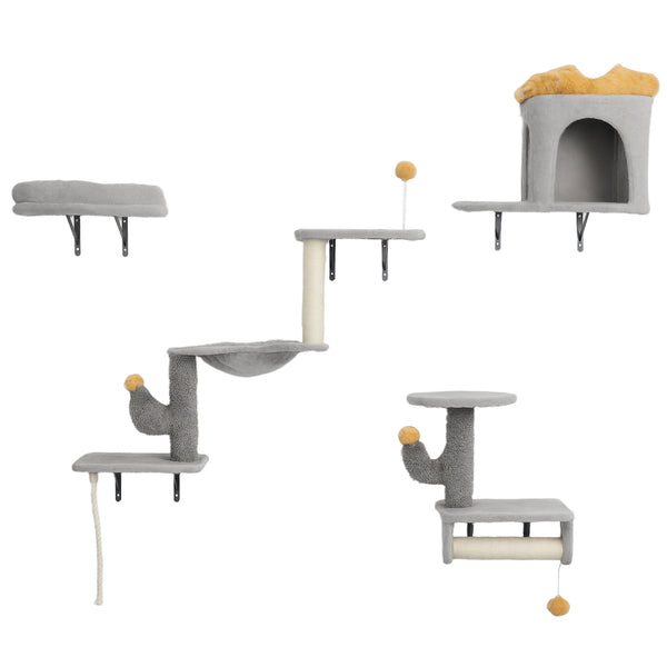 Cat climbing wall with scratching posts, cat house, hammock and perches, light grey