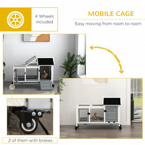Rabbit hutch with wheels, ramp, run, and tray, gray