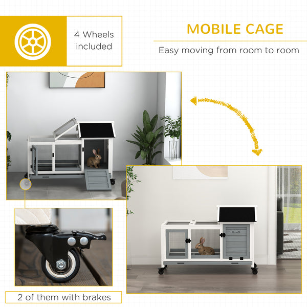 Rabbit hutch with wheels, ramp, run, and tray, gray