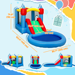 4-in-1 bouncy castle with slide, basketball hoop, ball pit, blower and storage bag