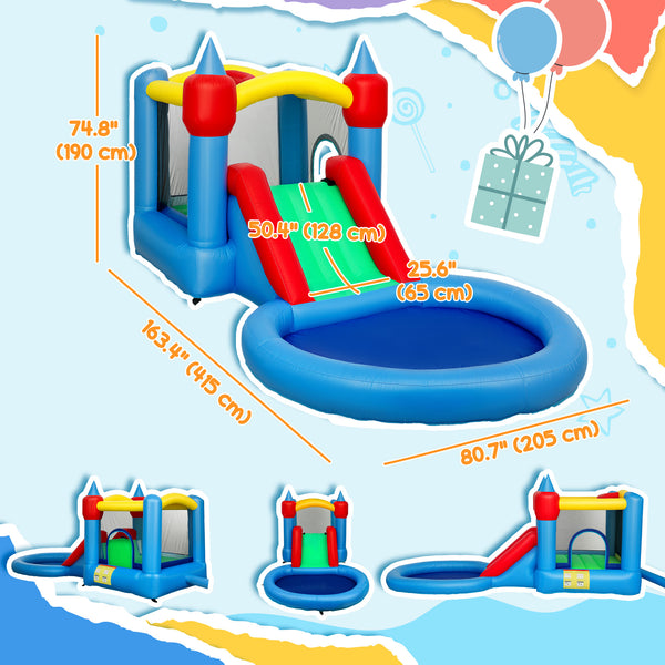 4-in-1 bouncy castle with slide, basketball hoop, ball pit, blower and storage bag