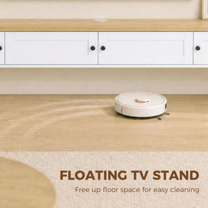 Wall-mounted floating TV stand for up to 82" TVs with storage and charging station, white
