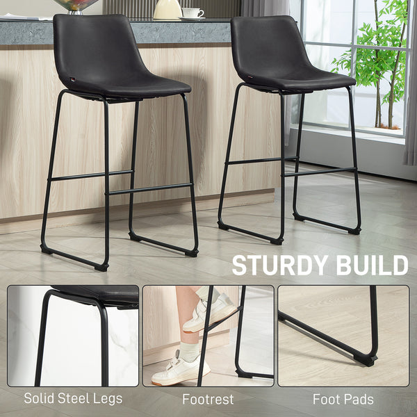 Set of 2 vintage PU leather bar stools, dark brown