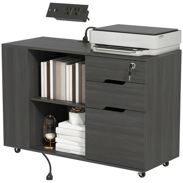 Mobile filing cabinet with storage, drawers and charging station, gray
