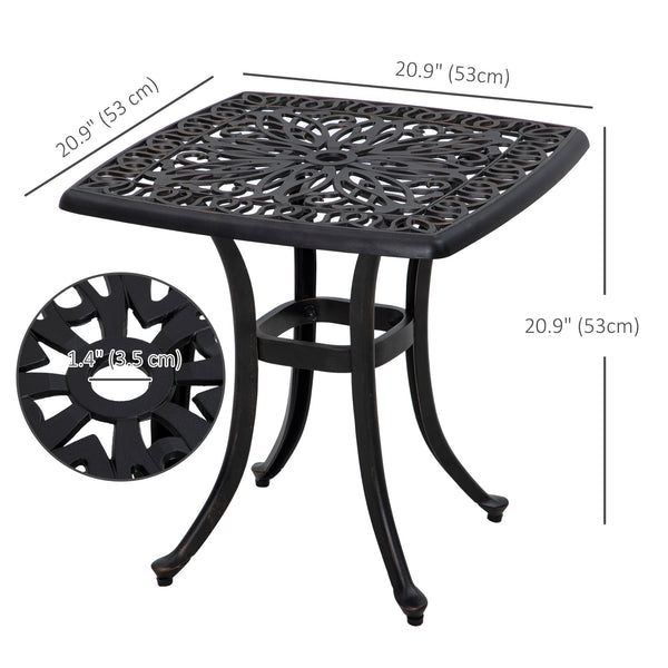 21" Square Outdoor End Table, Cast Aluminum Patio Side Table with Umbrella Hole for Garden, Balcony, Poolside, Bronze